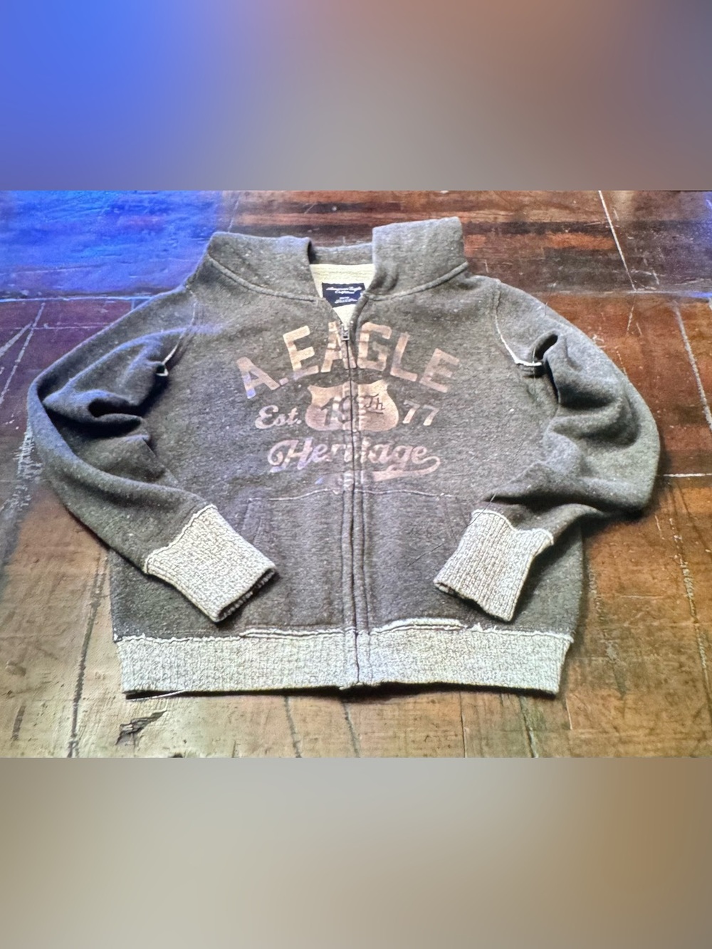 American Eagle Outfitters Heather Gray Zip-Up Hoodie Sweatshirt with Faded Logo